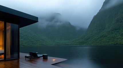 Tranquil waterfront cabin nestled amidst misty mountains.  A modern, secluded retreat by a serene lake