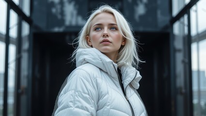 Contemplative Young Woman in Puffer Coat Gazing at the Sky in an Urban Environment on a Cloudy Day