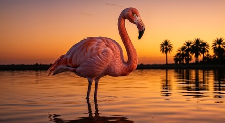 Fototapeta premium lamingos at sunset in shallow water, reflection in the water and golden pink sky