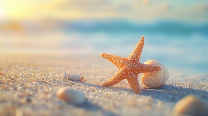 Beautiful Starfish on Sandy Beach with Soft Waves and Sunset Light, Capturing a Tranquil Ocean Scene in Warm Tones and Natural Beauty