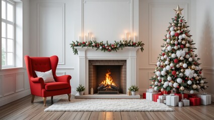 Elegant Christmas Decoration with Tree, Fireplace and Cozy Chair in a Tastefully Arranged Living Room