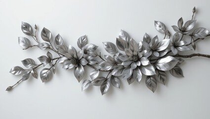 Elegant Metallic Silver Leaves Arrangement on a White Background for Contemporary Decor