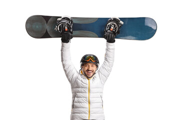 Excited man lifting a snowboard