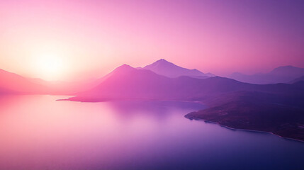 Fototapeta premium Breathtaking mountain lake with a vibrant sunset in the background casting beautiful twilight hues over the serene water surface.