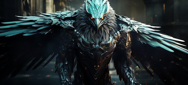 A fierce fenrir Garuda with an armoured shield Diamond fly, ai generative