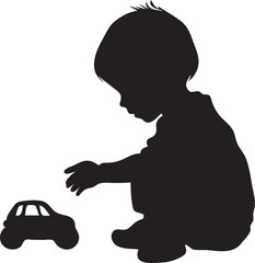 Black flat silhouette vector icon, A little boy playing with a toy car on the ground