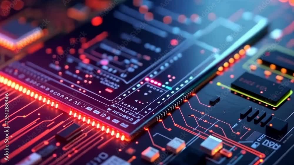 Poster A closeup of a complex circuit board shows intricate connections and glowing LEDs, showcasing the synergy between advanced electronics and AI technologies driving tech innovation