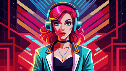 Fashion pretty woman with headphones listening to music over red neon background at studio.