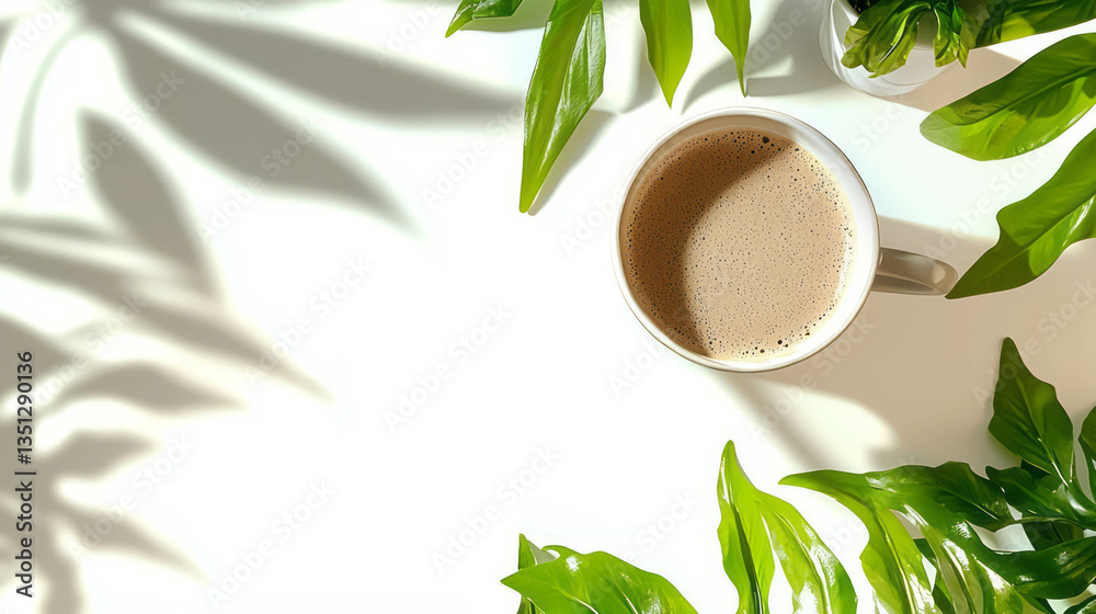 Poster realistic matcha tea latte with green leaves and shadows in minimalist design