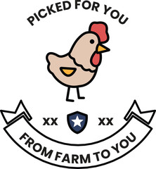 A chicken is standing in front of a banner that says 