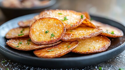 Delicious crispy golden potato chips with salt and herbs on a plate