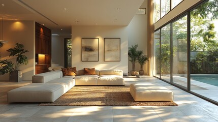 Modern living room with pool view, sunlit interior design