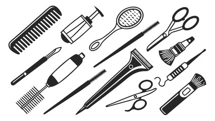 Hairdresser and Barber Tools - Combs, Scissors, Brushes, Clippers, and More - Black and White Vector Illustration