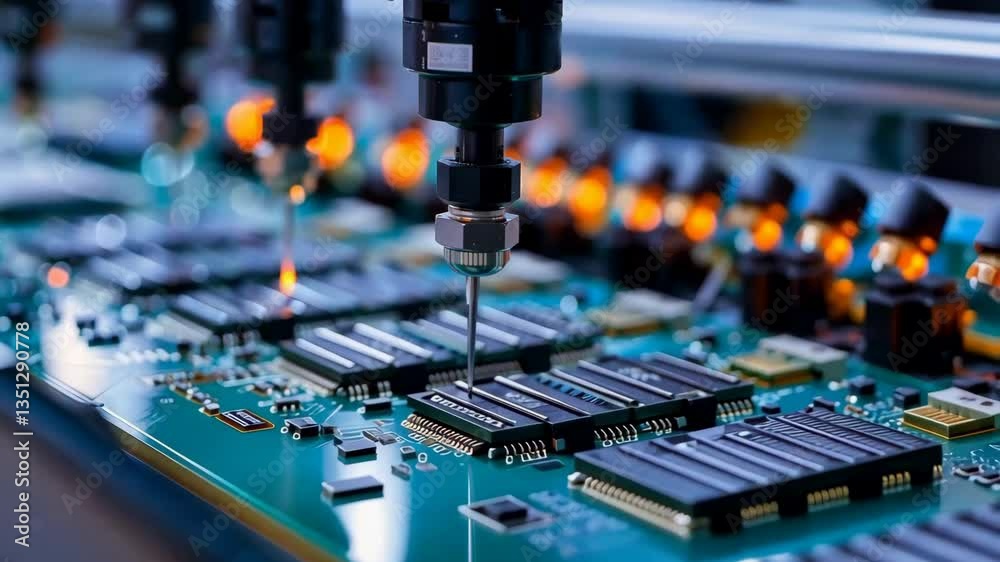 Poster hightech machinery expertly positions components on circuit boards, showcasing advancements in autom