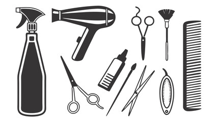 Hairdresser and Barber Tools - Combs, Scissors, Brushes, Clippers, and More - Black and White Vector Illustration