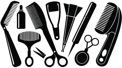 Hairdresser and Barber Tools - Combs, Scissors, Brushes, Clippers, and More - Black and White Vector Illustration