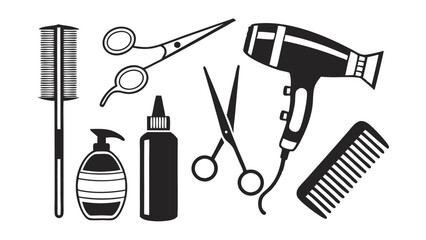 Hairdresser and Barber Tools - Combs, Scissors, Brushes, Clippers, and More - Black and White Vector Illustration