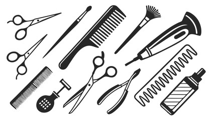 Hairdresser and Barber Tools - Combs, Scissors, Brushes, Clippers, and More - Black and White Vector Illustration