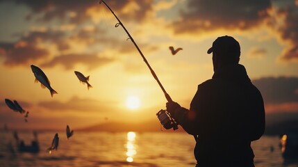 Fisherman with fishing rod in his hands caught a fish silhouette