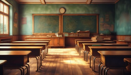 a retro classroom with wooden desks and chalkboards reflecting the education system of a different time generative ai