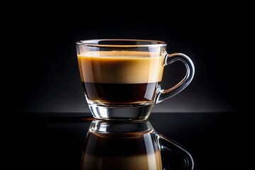 A layered espresso drink, a tempting treat for coffee lovers, in a clear glass cup against a stark black background.