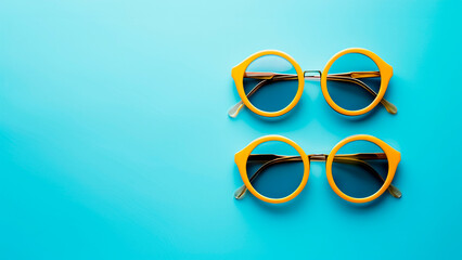 Two Yellow Sunglasses on Pastel Blue Background. Summer Accessory, Trendy Fashion, Stylish Eyewear.