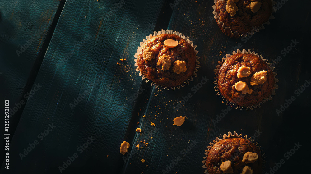 Poster delicious peanut butter muffins on rustic dark background for bakery design