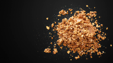 Realistic peanut butter mixed with granola on black background for culinary design