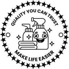 sticker with a smiling face and two bottles of cleaning products