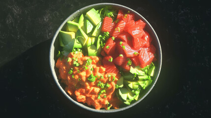 Fresh poke bowl with tuna, avocado, and spicy sauce - culinary delight for healthy eating