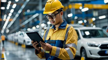 A skilled technician in a hard hat and safety attire uses a tablet to monitor automotive processes in a hightech manufacturing facility