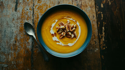Rustic roasted butternut squash soup with pecans on wooden table