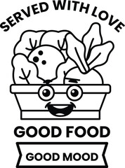 cartoon of a smiling face with a basket of vegetables
