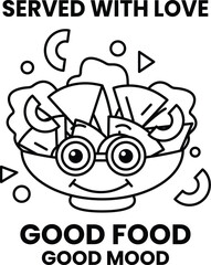 cartoon of a smiling face with glasses and a bowl of salad