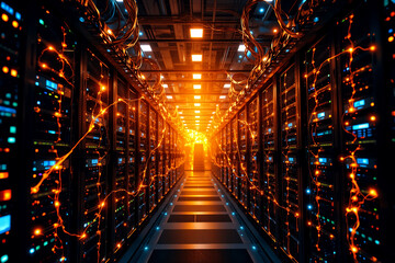 A server room with rows of glowing servers. Orange cables run along the racks in a dark corridor. Blue lights flicker on the equipment.