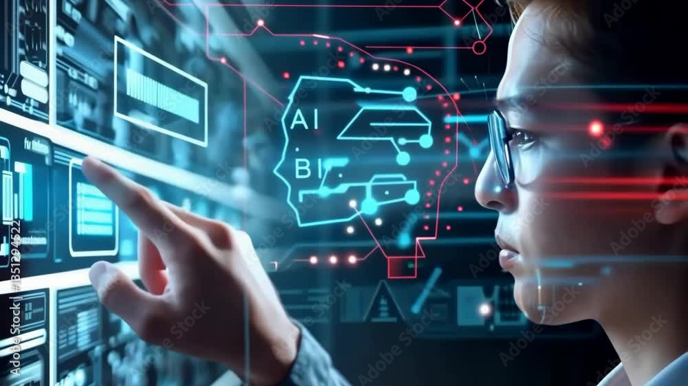 Poster In a fastpaced tech environment, an individual uses a holographic interface to explore AI and automotive data streams, analyzing their innovative applications and future implications