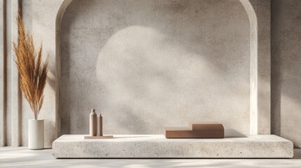 Minimalist beige display podium in archway room