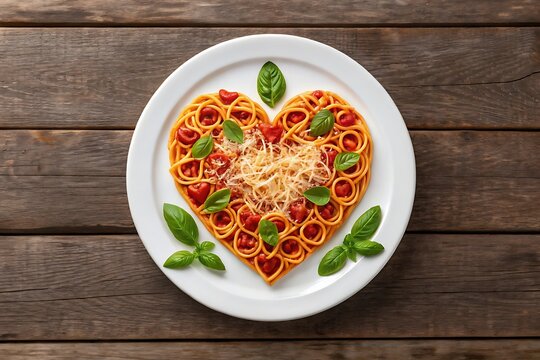 A heart-shaped spaghetti dish, a romantic pasta creation for Valentine's Day, adorned with fresh basil and grated parmesan cheese on a rustic wooden table.