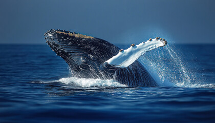 Fototapeta premium A breathtaking view of a humpback whale breaching the surface of the ocean