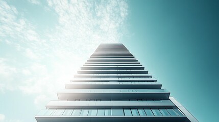 Low-angle view of a modern skyscraper against a bright sky.