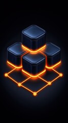 Blockchain and AI Synergy in WealthTech, Futuristic illuminated blocks in a digital network on dark background., AI Integration in WealthTech