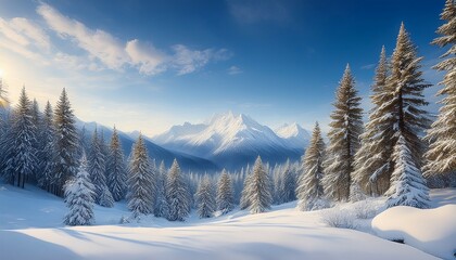 Obraz premium serene wintry weather panorama snow blanketed pines majestic mountains digital painting wintry weather wonderland snowscape iciness landscape