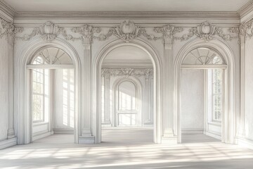 Obraz premium Elegant white room showcasing arched doorways and ornate architectural details