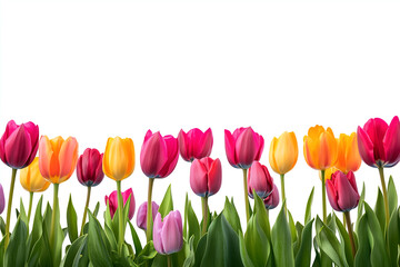 Colorful tulips in bloom against a white background