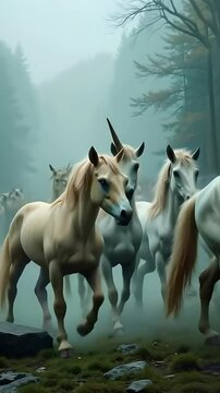 A procession of unique fantasy creatures, including unicorns and winged beings, marching through a mist-covered valley.
