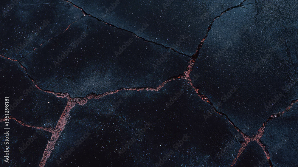 Poster Cracked asphalt texture with dark surface patterns for design and background use