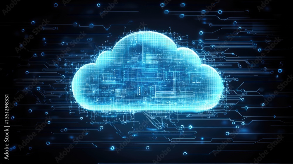 Poster digital cloud computing concept with glowing blue cloud icon and circuit patterns in a futuristic ba