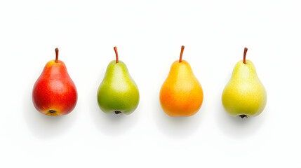 Four colorful pears arranged in a row on a white background, perfect for food blogs or healthy eating websites