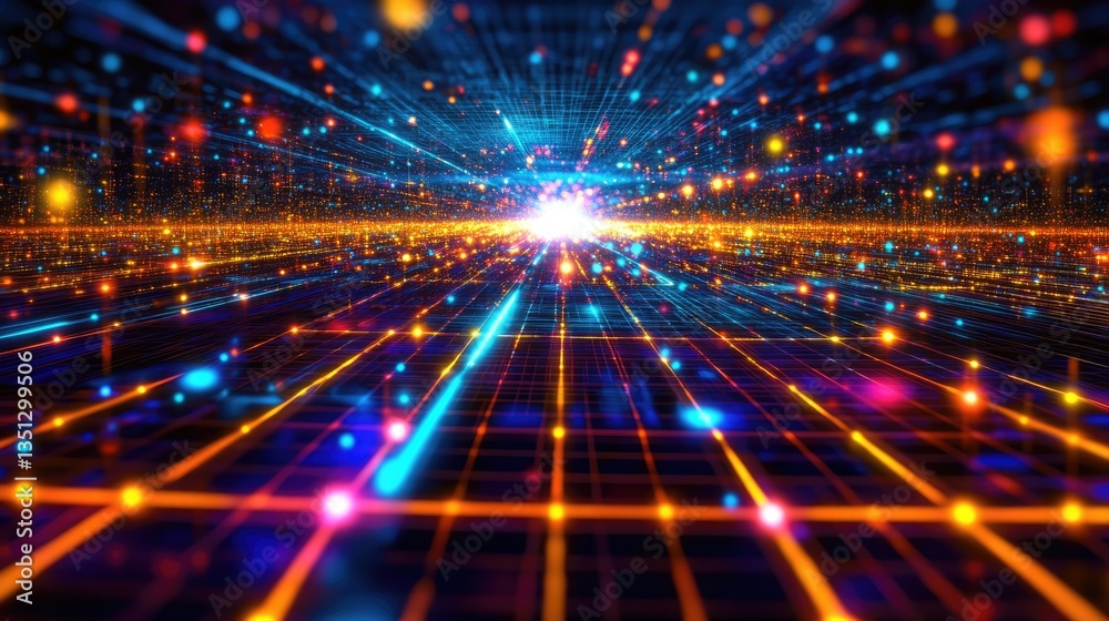 Poster vibrant digital landscape with glowing lines and particles, creating a sense of depth and motion in 