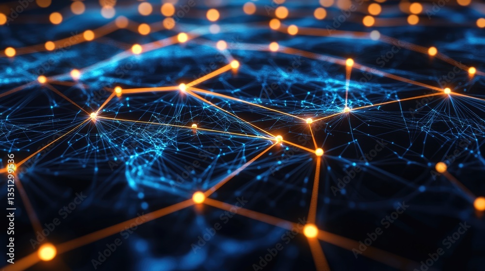 Poster abstract representation of a digital network with glowing nodes and interconnected lines, set agains
